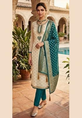 Off White Printed Jacquard Kurta Set
