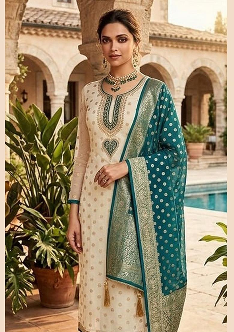 Off White Printed Jacquard Kurta Set - Indya