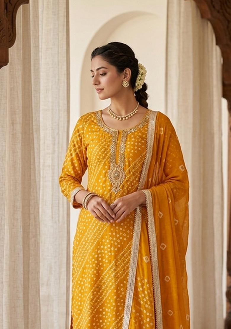 Yellow Printed Cotton Kurta Set - Indya