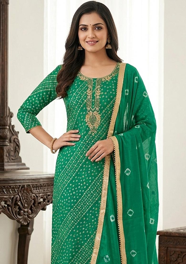 Green Printed Cotton Kurta Set - Indya
