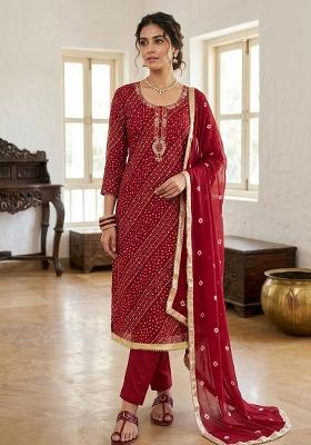 Red Printed Cotton Kurta Set