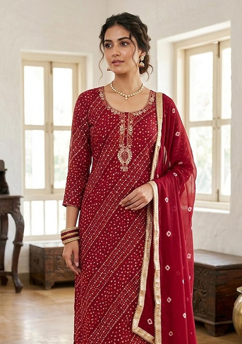 Red Printed Cotton Kurta Set - Indya