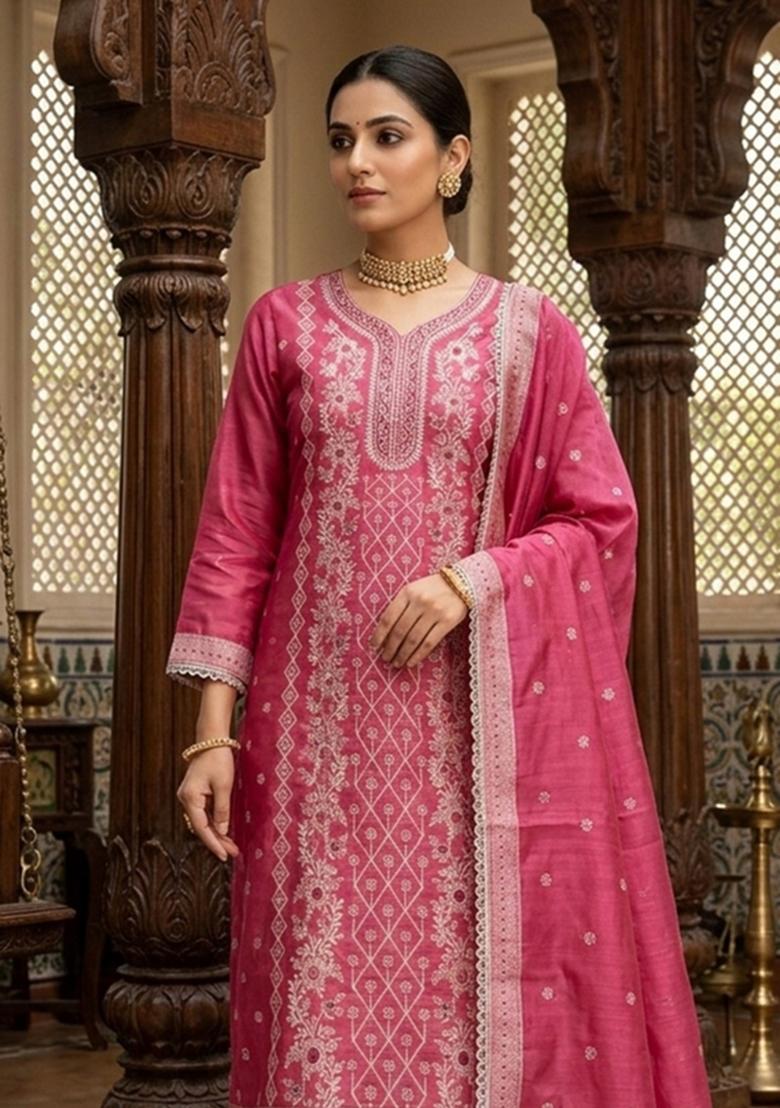 Pink Printed Cotton Kurta Set - Indya