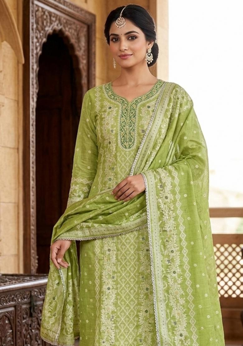 Green Printed Cotton Kurta Set - Indya