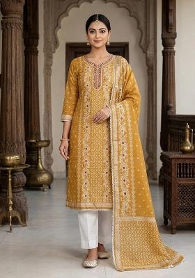 Mustard Printed Cotton Kurta Set