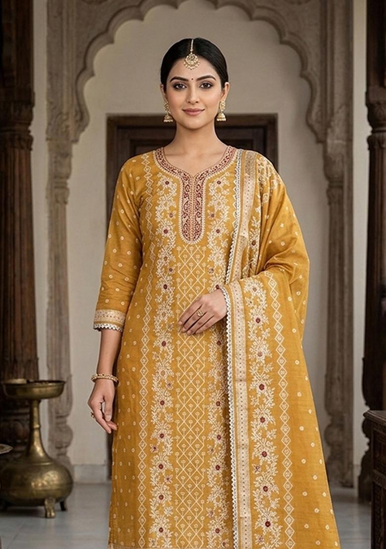 Mustard Printed Cotton Kurta Set - Indya