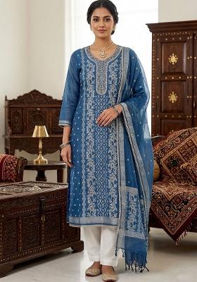 Blue Printed Cotton Kurta Set