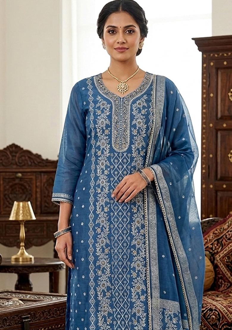 Blue Printed Cotton Kurta Set - Indya
