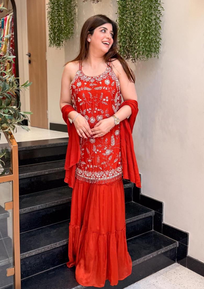 Burgundy Embroidery Georgette Kurta Set - Indya