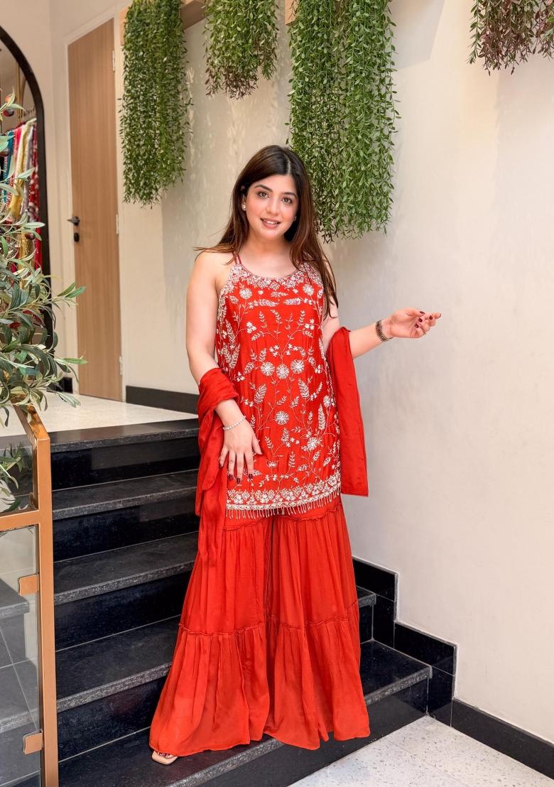 Burgundy Embroidery Georgette Kurta Set - Indya