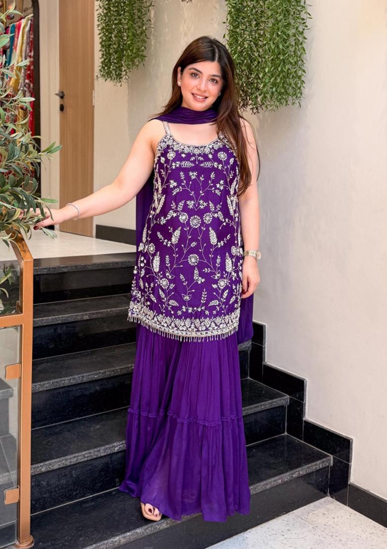 Wine Embroidery Georgette Kurta Set - Indya