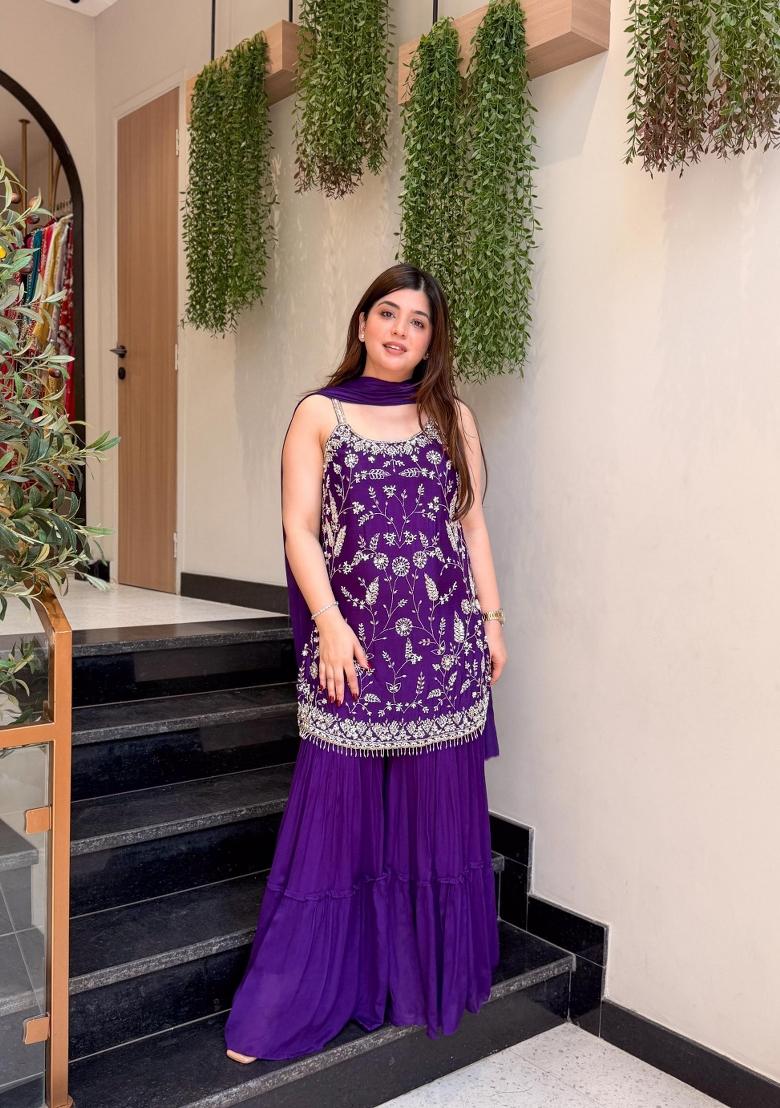 Wine Embroidery Georgette Kurta Set - Indya