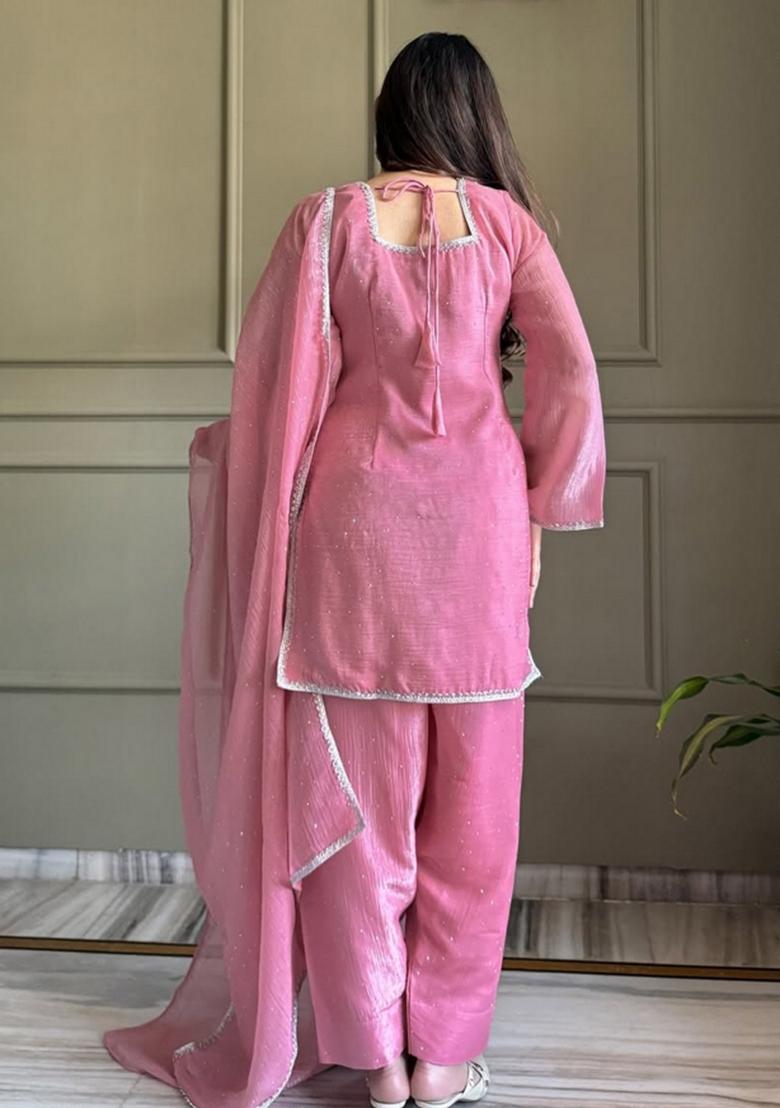 Purple Embroidery Georgette Kurta Set - Indya
