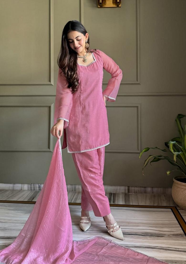 Purple Embroidery Georgette Kurta Set - Indya