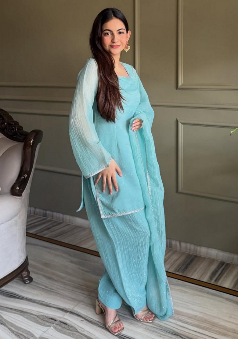 Brown Embroidery Georgette Kurta Set - Indya