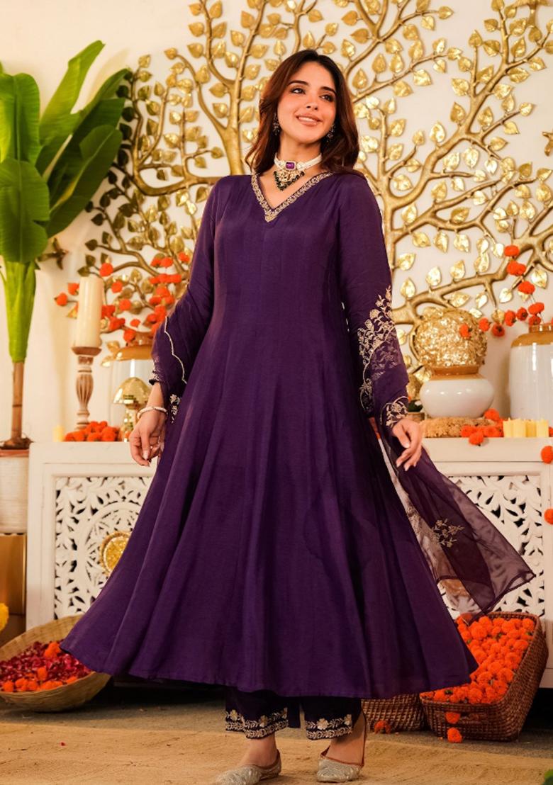 Brown Embroidery Georgette Kurta Set - Indya