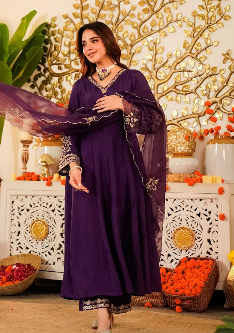 Brown Embroidery Georgette Kurta Set - Indya