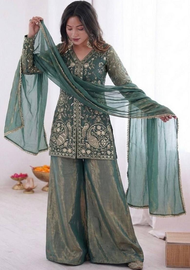 Green Printed Cotton Kurta Set - Indya