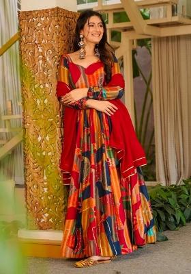 Peach Embroidery Silk Kurta Set