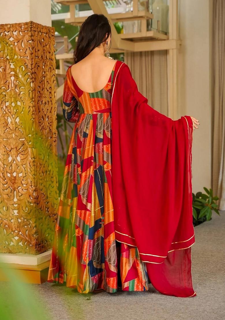 Peach Embroidery Silk Kurta Set - Indya