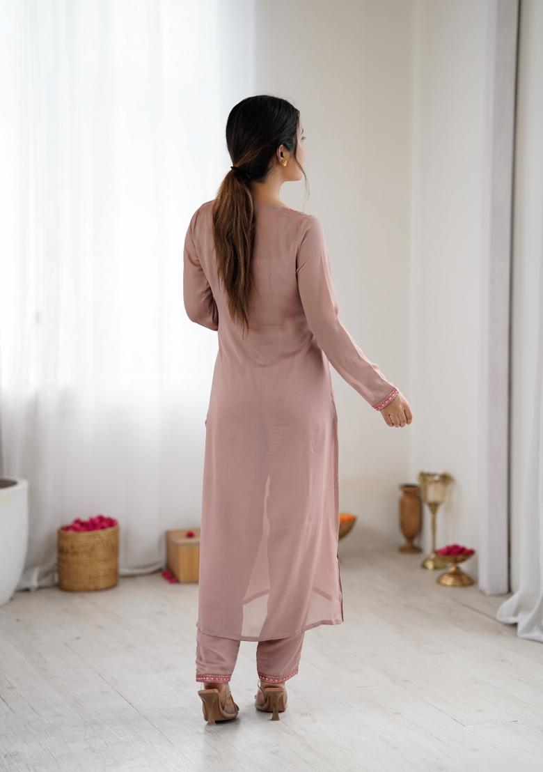 Lavender Printed Silk Kurta Set - Indya
