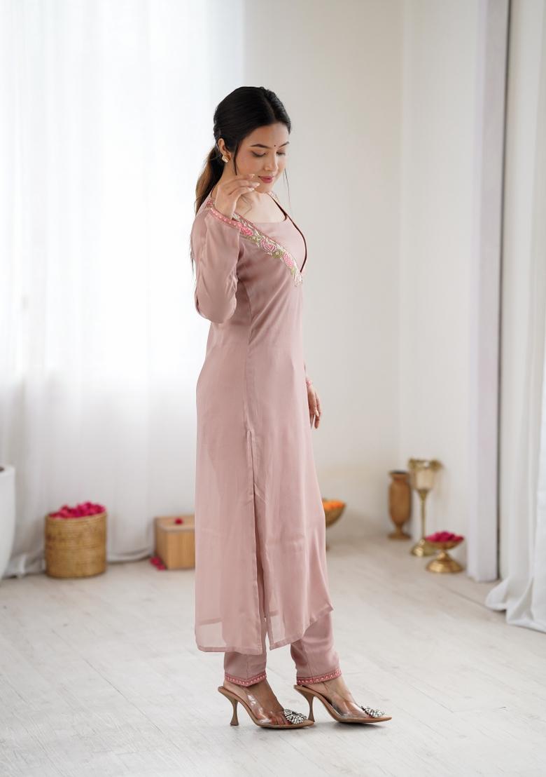 Lavender Printed Silk Kurta Set - Indya