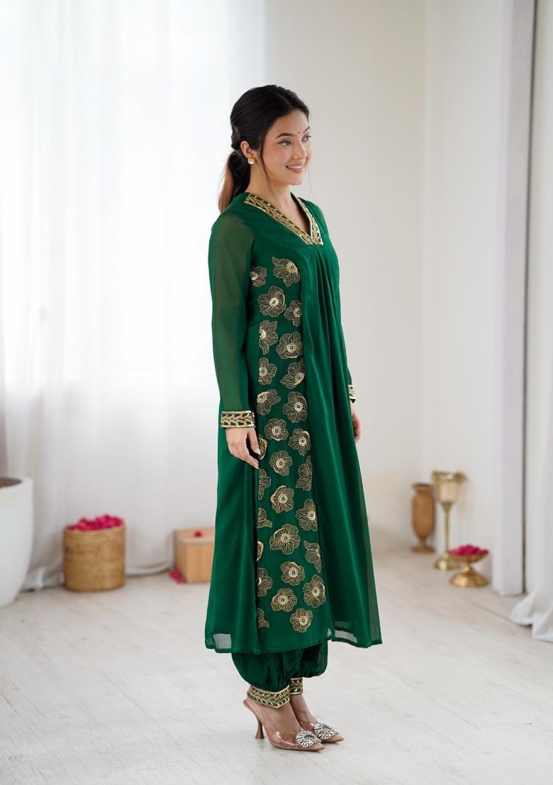 Pink Printed Silk Kurta Set - Indya