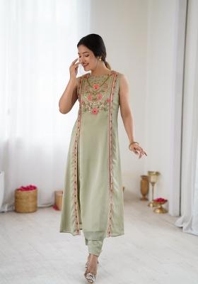 Sea Green Printed Silk Kurta Set
