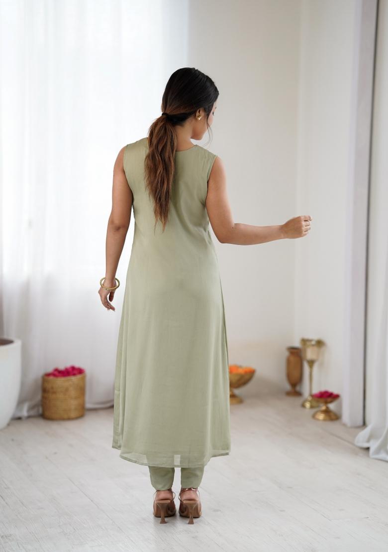 Sea Green Printed Silk Kurta Set - Indya