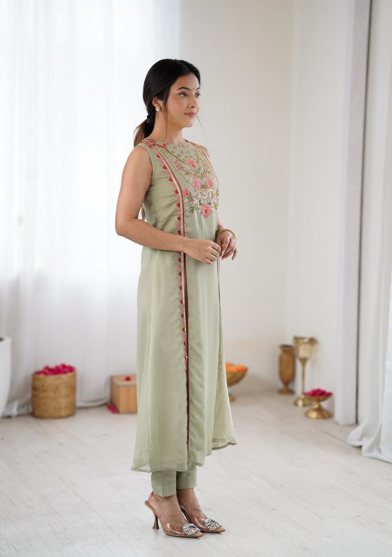 Sea Green Printed Silk Kurta Set - Indya