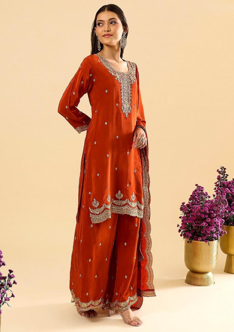 Yellow Printed Silk Kurta Set - Indya