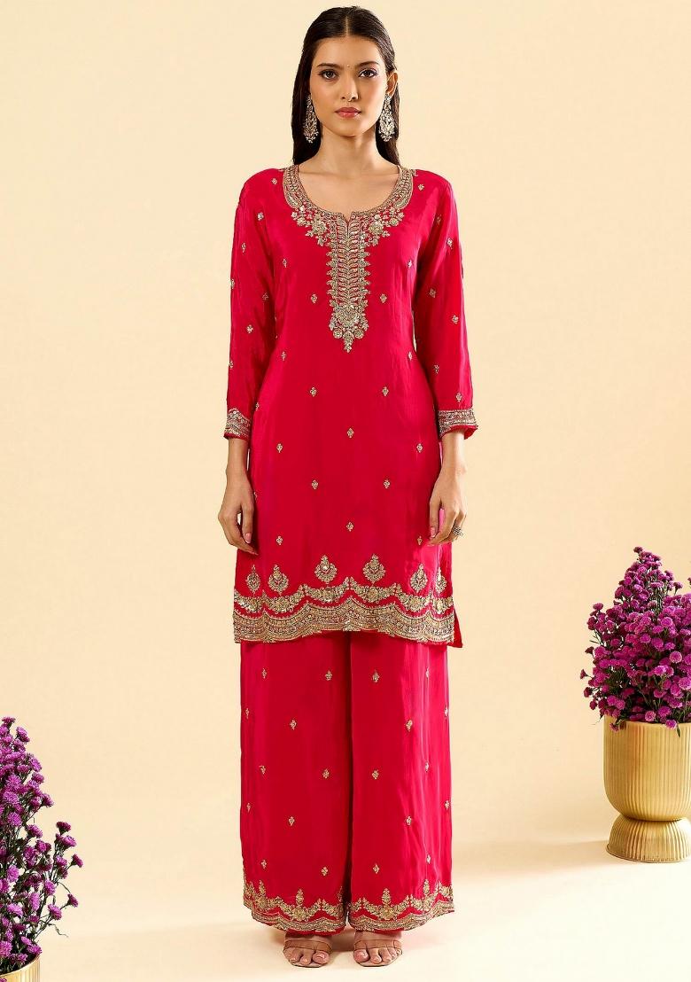 Lavender Embroidery Silk Kurta Set - Indya