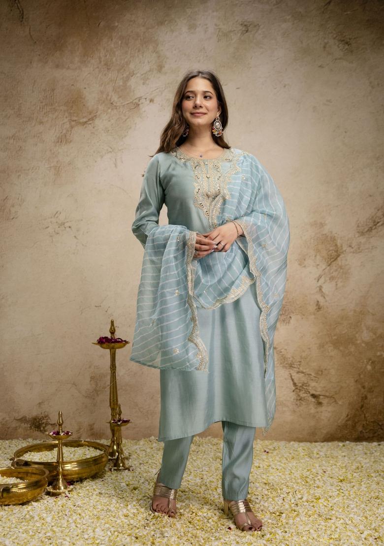 Black Embroidery Tissue Kurta Set - Indya