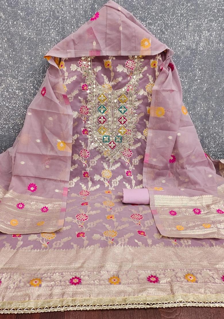 Lavender Embroidered Chanderi Kurta Set - Indya