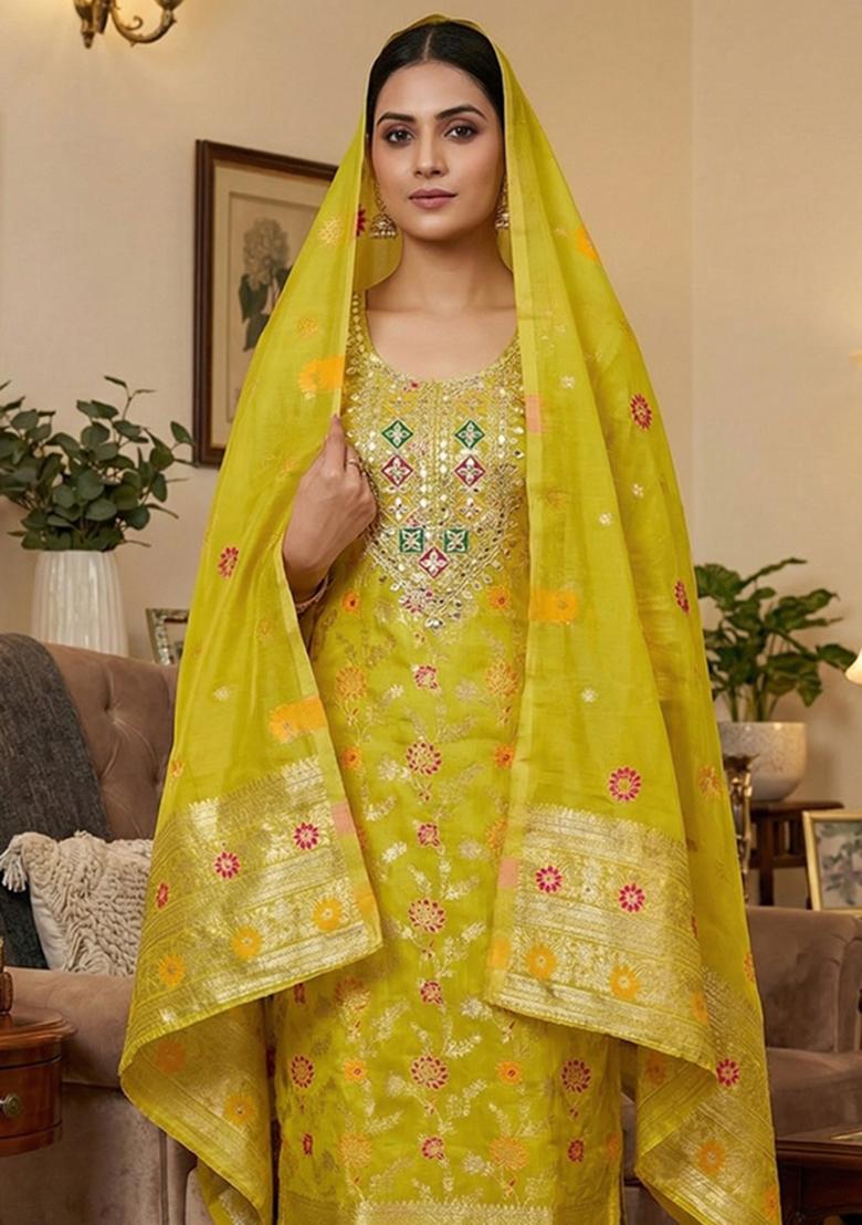 Light Green Embroidered Chanderi Kurta Set - Indya