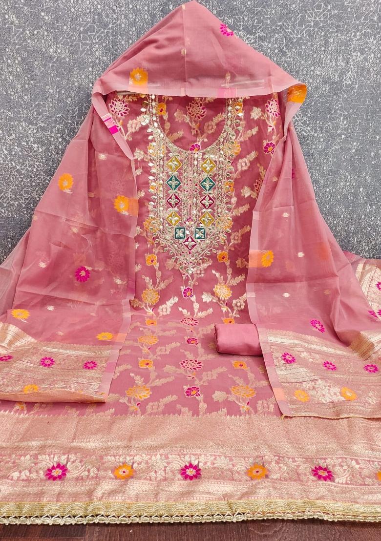 Pink Embroidered Chanderi Kurta Set - Indya