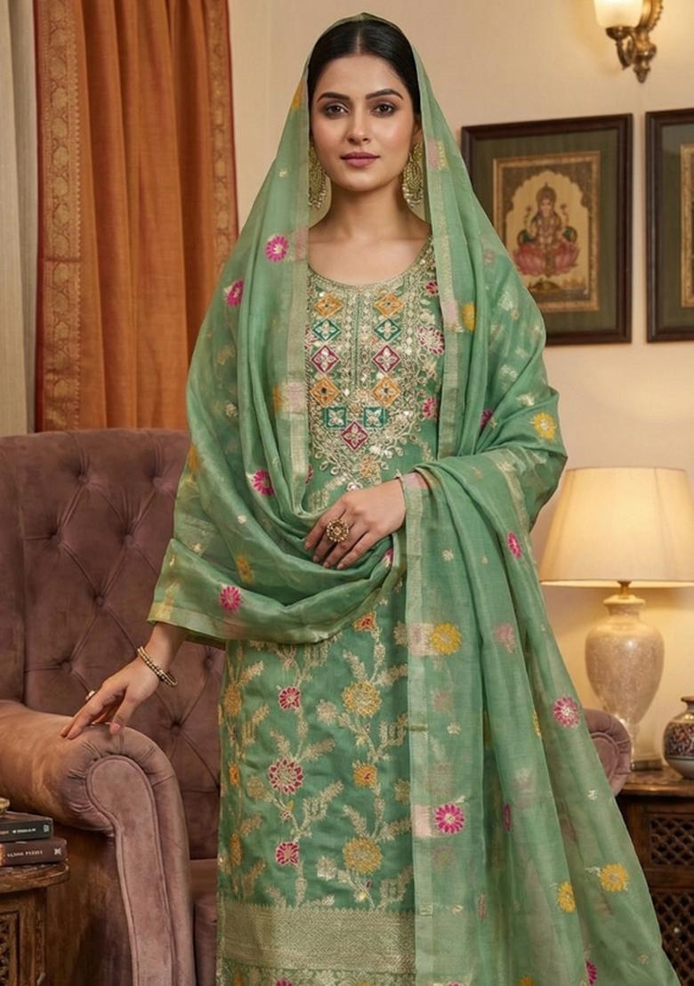 Sea Green Embroidered Chanderi Kurta Set - Indya