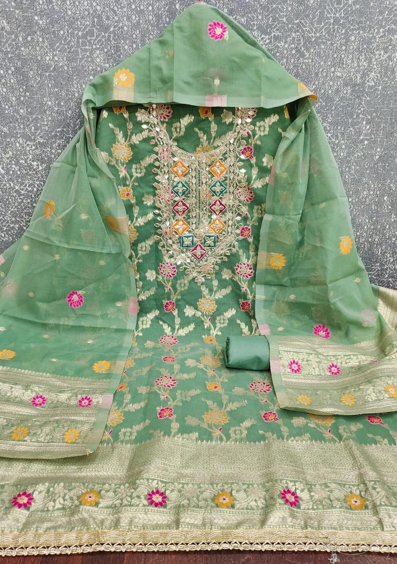 Sea Green Embroidered Chanderi Kurta Set - Indya