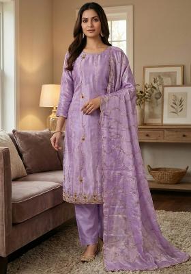 Lavender Embroidered Silk Kurta Set