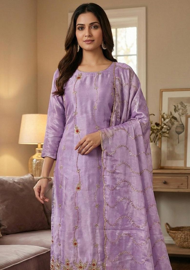 Lavender Embroidered Silk Kurta Set - Indya