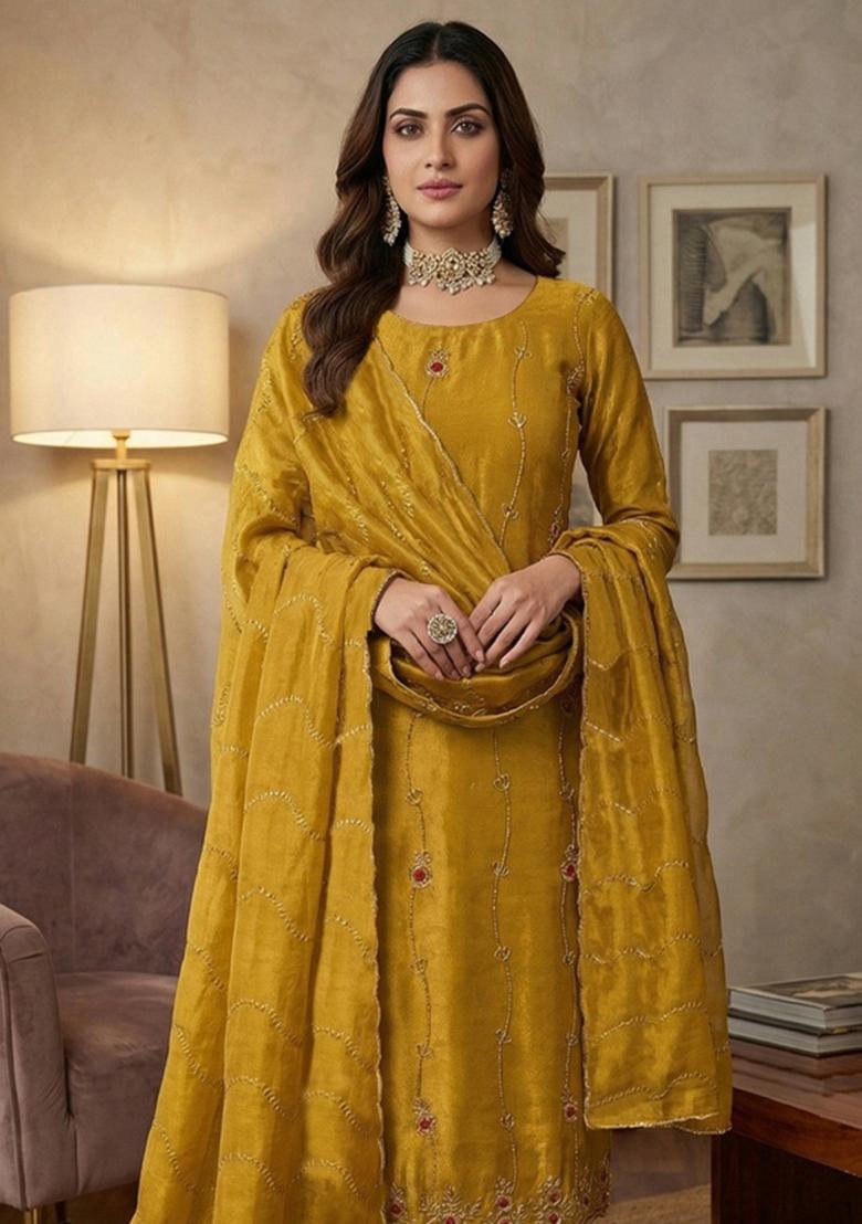 Light Green Embroidered Silk Kurta Set - Indya
