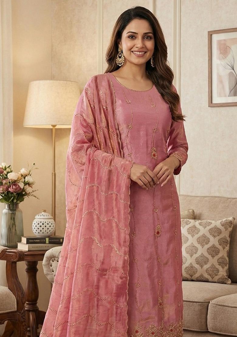 Pink Embroidered Silk Kurta Set - Indya
