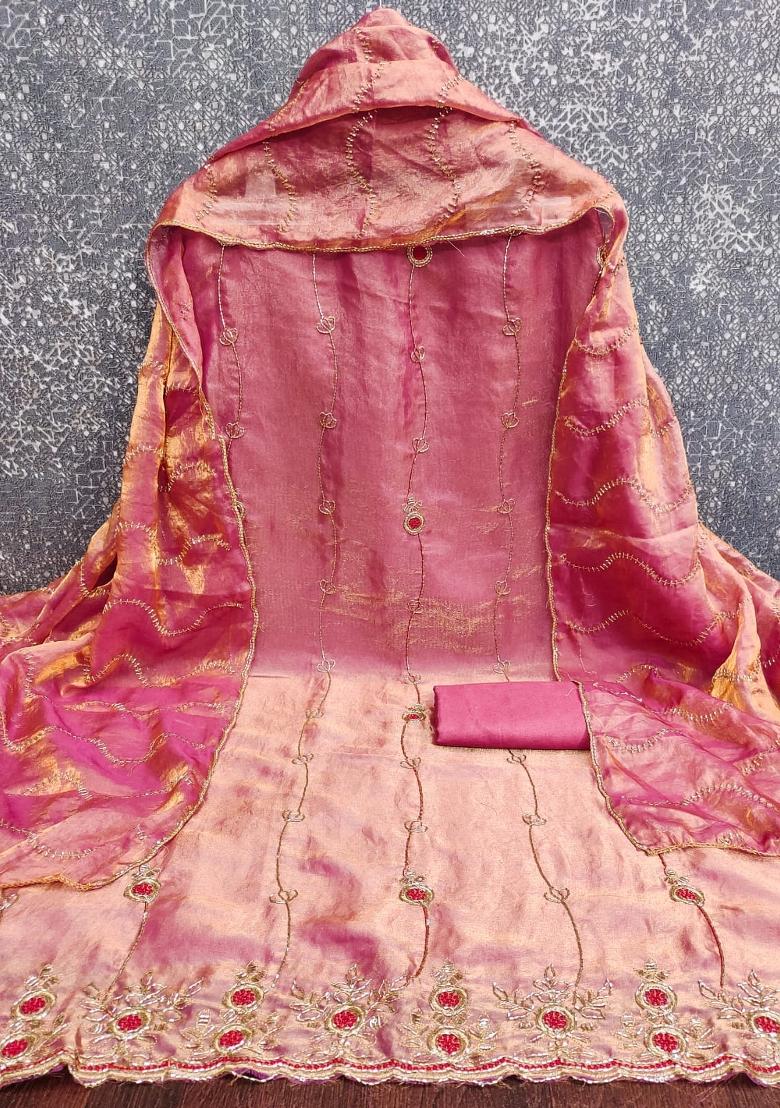 Pink Embroidered Silk Kurta Set - Indya
