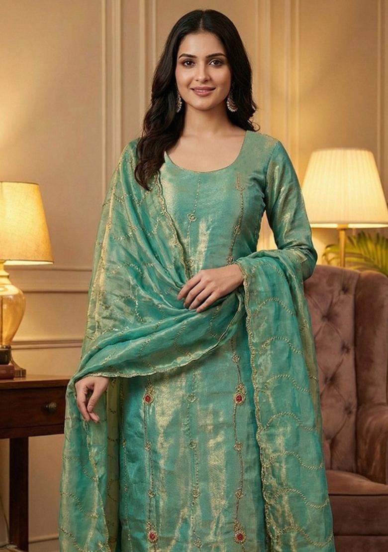 Sea Green Embroidered Silk Kurta Set - Indya