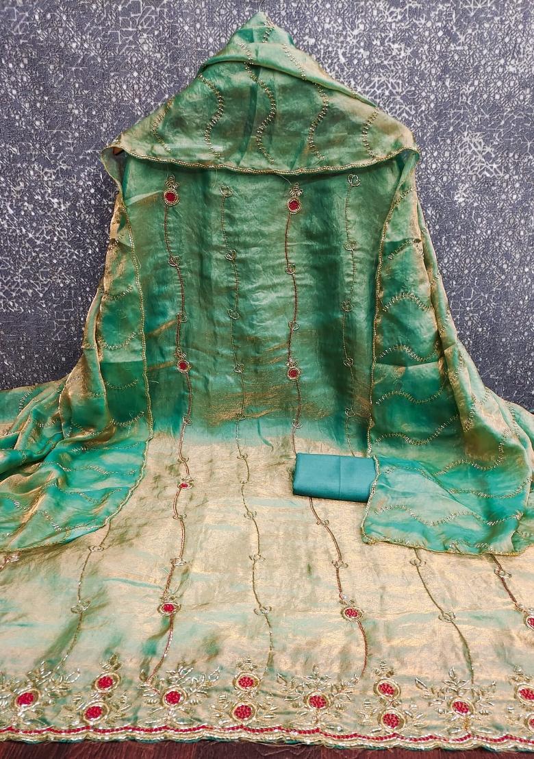 Sea Green Embroidered Silk Kurta Set - Indya