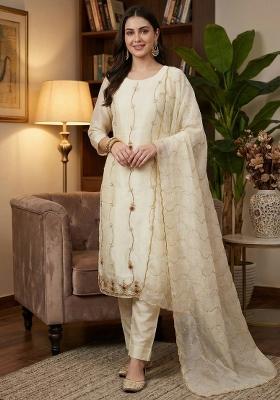 White Embroidered Silk Kurta Set