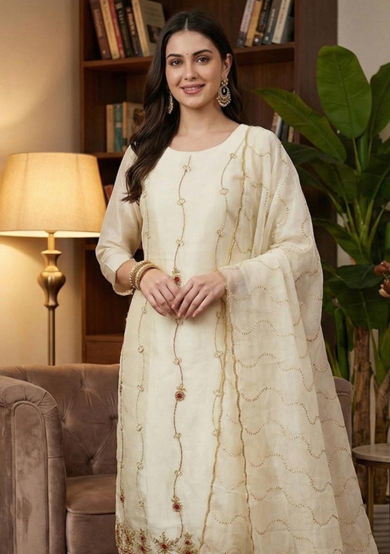 White Embroidered Silk Kurta Set - Indya
