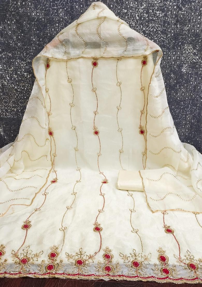 White Embroidered Silk Kurta Set - Indya