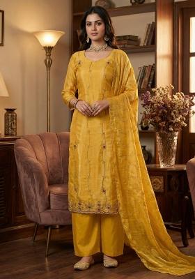 Yellow Embroidered Silk Kurta Set