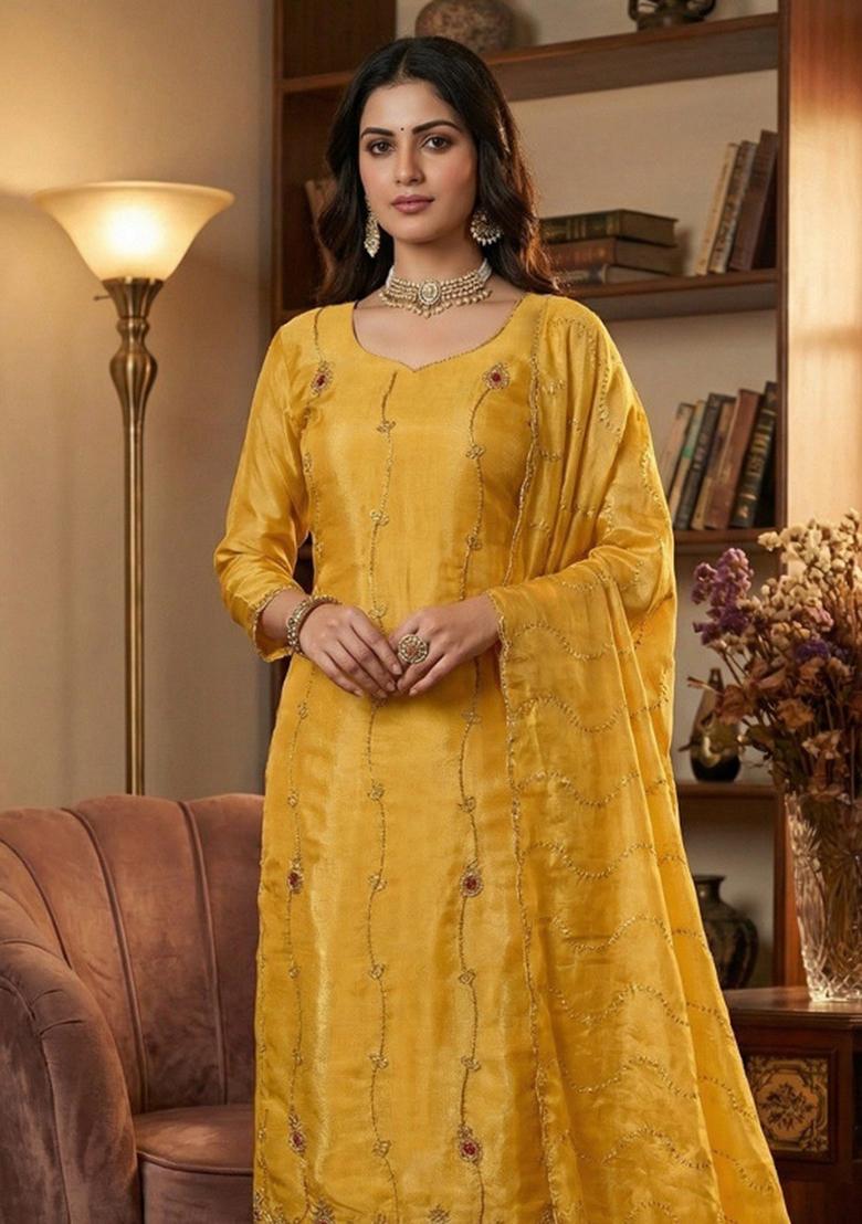Yellow Embroidered Silk Kurta Set - Indya